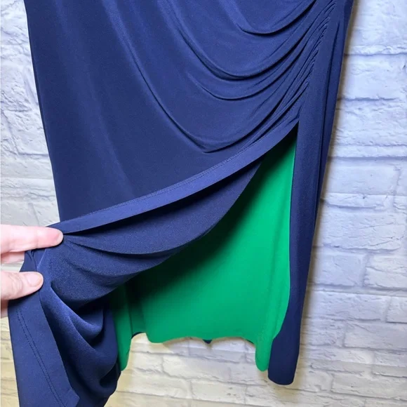 Lauren Ralph Lauren Dress Size 14 Navy Green Midi Ruched Sheath Classic Luxury - Picture 8 of 11